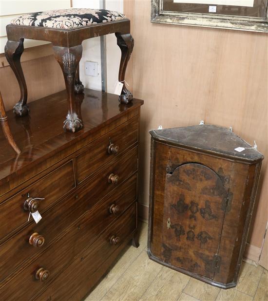 A corner cabinet and a stool on cabriole legs Cupboard W.65cm Stool W.52cm